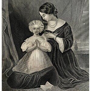 Evening Prayer Steel Engraving 1859 Victorian Art Cute Child And Mother DWY5C
